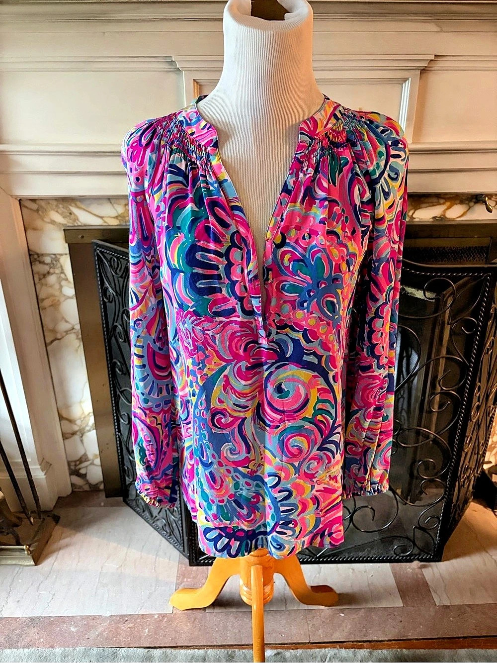 Lilly Pulitzer Elsa Silk Top Abstract Blouse Pink & Blue XS Like New